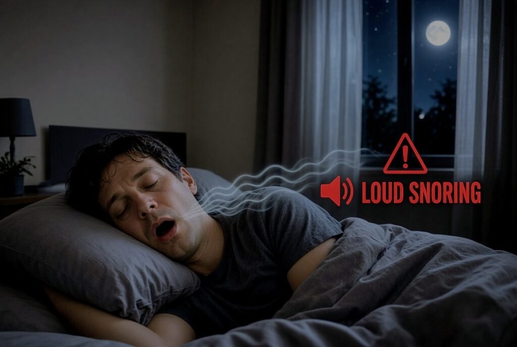 Adult sleeping on their side in a calm bedroom, showing loud snoring at night warning signs