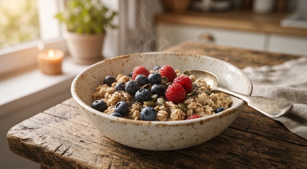 High-fiber breakfast with oats berries and seeds